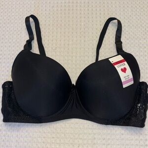 NEW! PINK LOVER 36D Padded Underwire Smooth T-Shirt Bra Lace Trim BLACK